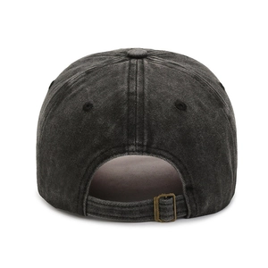 Vintage washed charcoal baseball cap featuring retro metal strap adjustment and distressed look