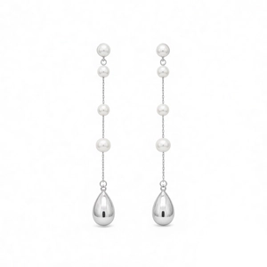 Elegant silver tassel earrings with round white pearls and teardrop metal pendants