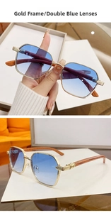 Dettaglio occhiali da sole squadrati vintage con montatura dorata e lenti sfumate