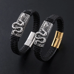 Heren Gevlochten Leren Armband Met 304 Roestvrij Staal Slangenpatroon Magnetische Sluiting Hip Hop Punk Sieraden Cadeau