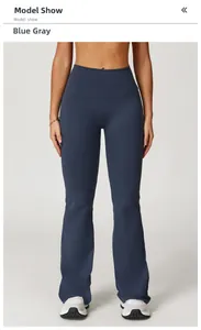 Front view of high waist blue grey yoga flared pants with slim fit and matte finish