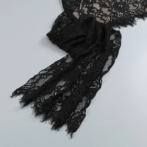 Détail du tissu en dentelle florale noire avec bords de cils et broderies complexes
