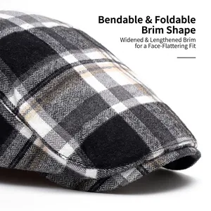 Classic plaid beret newsboy hat with adjustable brim and soft vintage checkered fabric