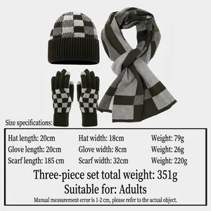 Winter checkered knit set with beanie, scarf, and gloves in olive and grey