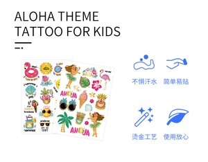 Gold foil Hawaii Aloha temporary tattoos for kids with flamingo and pineapple designs