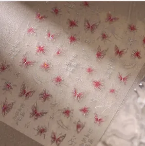 Macro shot of 3D embossed butterfly and cherry blossom nail art stickers in pink and violet