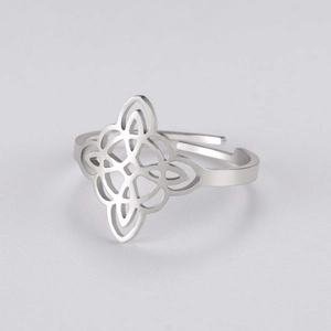 Detailed macro shot of an adjustable stainless steel witch's knot ring with geometric hollows