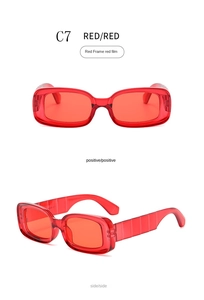 Detailed views of vintage red rectangular sunglasses with stylish textured stepped temples