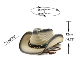 Détails du chapeau de cowboy en paille avec bord de 7cm, hauteur de 12cm et taille 56-58cm