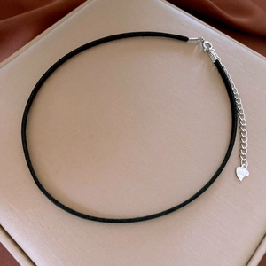 Minimalist black faux leather choker necklace with S925 sterling silver heart pendant
