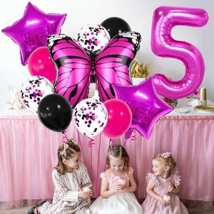Pink butterfly balloon set with number five for girls birthday party scene decoration