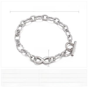 Detailed view of stainless steel infinity link bracelet with toggle clasp and size specs