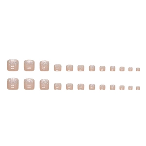 Faux ongles d'orteils dégradé rose avec paillettes argentées, lot de 24 pièces style français