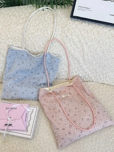 Mesh Lace Artificial Pearl Tote Bag Floral Print Large Capacity Shoulder Handbag Sweet Romantic Style For Women Girls