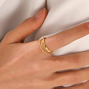 Double Layer Stainless Steel Ring For Women Gold Plated Beaded Wavy Geometric Minimalist Adjustable Open Finger Ring