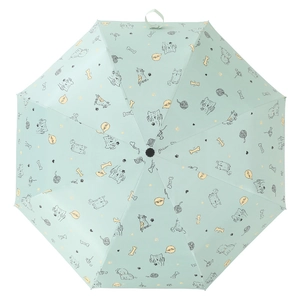 Automatic mint green folding umbrella with cartoon cat patterns and meow text design