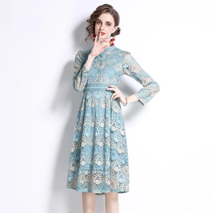 Elegant light blue long sleeve floral lace dress with A-line waist and high collar