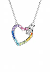 Macro detail of S925 sterling silver heart necklace with rainbow cubic zirconia stones