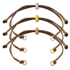Three-piece braided rope bracelets with polished gold, silver, and rose gold metal beads