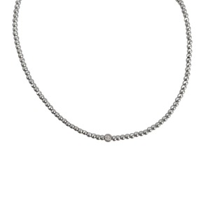 Minimalist silver beaded chain necklace featuring a centered sparkling crystal pendant