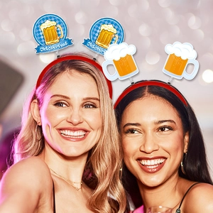 Women wearing Oktoberfest headbands with beer mug designs and festive spring accents