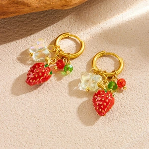Fresh strawberry drop earrings with colorful beads and butterfly charms on gold hoops