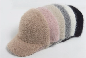 Selection of plush faux rabbit fur winter baseball caps in multiple soft pastel colors