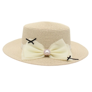 Women Straw Boater Hat Wide Brim Sun Protection Flat Top Chiffon Bow Artificial Pearl Elegant Summer Beach Vacation