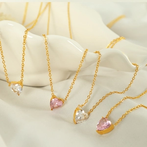 Elegant gold-plated heart pendant necklace with pink and white micro-pave crystals