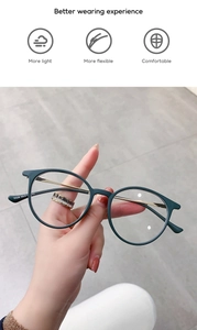 Detail of round dark green optical frames with flexible golden metal temples for comfort
