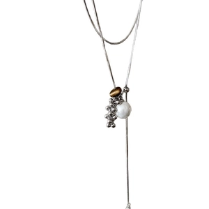 Minimalist silver tiger eye and pearl multi-layer pendant necklace for women