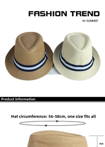 Detail of straw fedora hat showing beige color options and 56-58cm size measurement