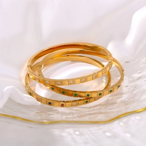 Elegant 18K gold plated stainless steel bangles set with colorful round gemstones