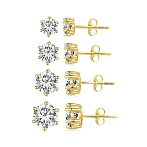 925 Sterling Silver Earring Post Zircon Stud Earrings Six Prong Round Cut Platinum Plated Minimalist Women