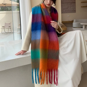 Gros plan d'une écharpe à carreaux doux avec glands et motif coloré sur un mannequin