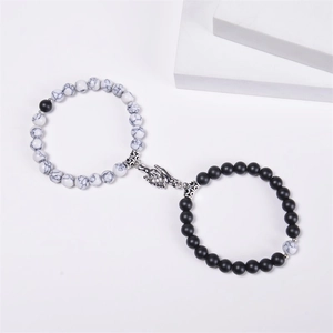 Natural stone magnetic couple bracelets with white turquoise and black onyx beads
