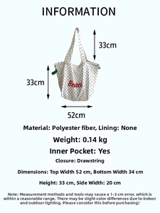 Detaillierte Größentabelle für die gepunktete Canvas-Tasche mit Kordelzugverschluss