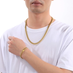 Polished gold stainless steel Cuban link necklace and bracelet jewelry set for men