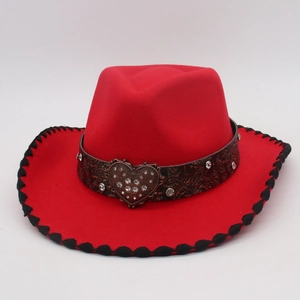 Cappello di lana rosso con fascia etnica e fibbia a cuore con strass per uomo e donna