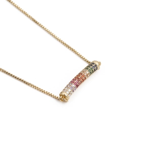 Fashion golden box chain necklace featuring a colorful rainbow zircon micro-pave curved bar