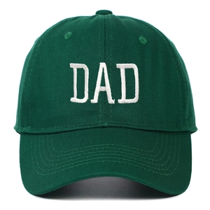 Close-up of white DAD embroidery on dark green cotton canvas vintage baseball cap