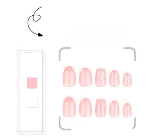 Detail of pink and white French ombre press-on nails with bow designs and tiny rhinestones