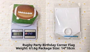 Detailed view of Super Bowl party football banner set with weight and packaging size specs