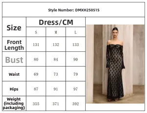 Size guide table for this off-shoulder lace evening dress showing measurements in centimeters