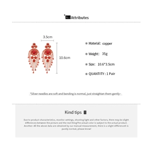 Detailed size specifications for red rhinestone fringe earrings made of copper material