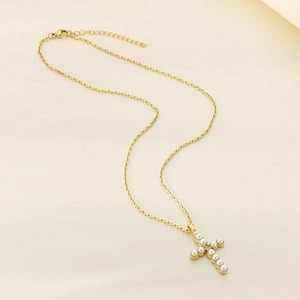 Hip hop style gold titanium necklace with cross pendant and white pearl inlay for women