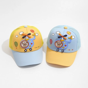 Kids baseball mesh caps with cartoon airplane 3D patches in yellow and blue colors