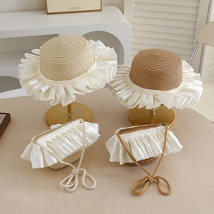 Kids And Women Summer Straw Hat And Matching Bag With Satin Ruffle Trim Elegant Beach Sun Hat For Vacation