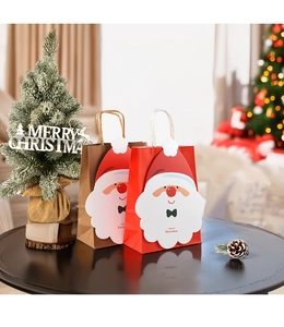Detail of red and brown paper Christmas gift bags with 3D Santa Claus and elk decor