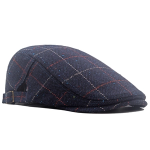 British style navy herringbone tweed flat cap with adjustable brass buckles for men